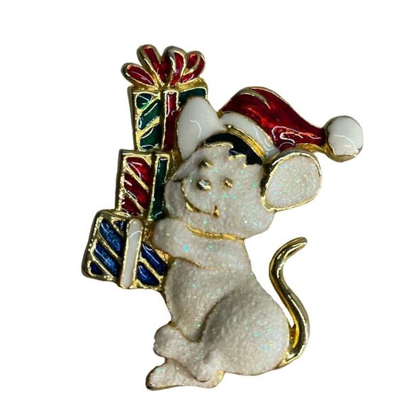 Vintage 1980's Snowman Mouse‎ Carrying Christmas Presents Brooch Pin - Picture 1 of 2